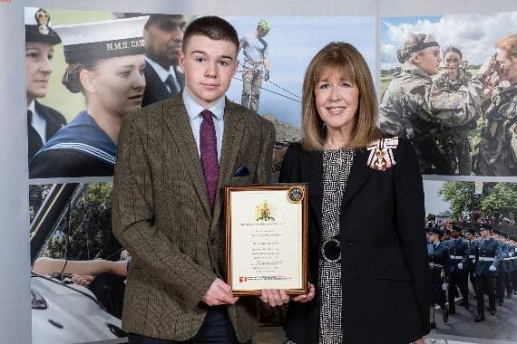 Cadet Sergeant Max Thompson from Milford Haven - a 2019 Lord-Lieutenant’s Cadet - pictured with Miss Sara Edwards, Her Majesty’s Lord-Lieutenant of Dyfed.