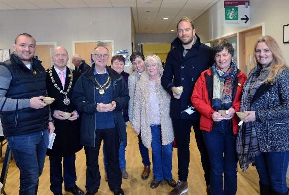 Pembrokeshire County Council Chairman Dr Simon Hancock and Saundersfoot Community Council Chair Clr. Neil Sefton with the Welsh Rugby Stars. Pic Gareth Davies photography