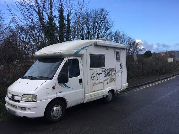 The camper van on Station Road daubed in graffiti