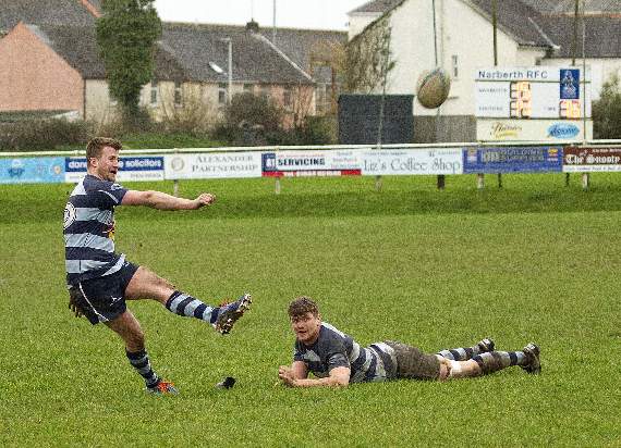 anto Griffiths enjoying his scoring kick. Pic Elwyn Davies