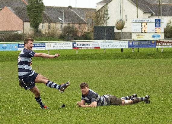 anto Griffiths enjoying his scoring kick. Pic Elwyn Davies