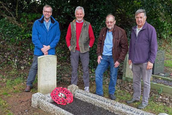 Trevor Clark, Tim Payne, John Evans and Malcolm Cullen at the Monkton Cemetery grave of Charles Ayling. Pic. Martin Cavaney Photography