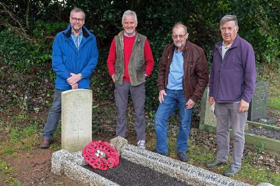 Trevor Clark, Tim Payne, John Evans and Malcolm Cullen at the Monkton Cemetery grave of Charles Ayling. Pic. Martin Cavaney Photography