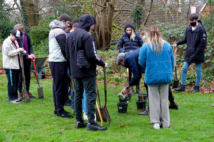 Steven Bell and students plant trees