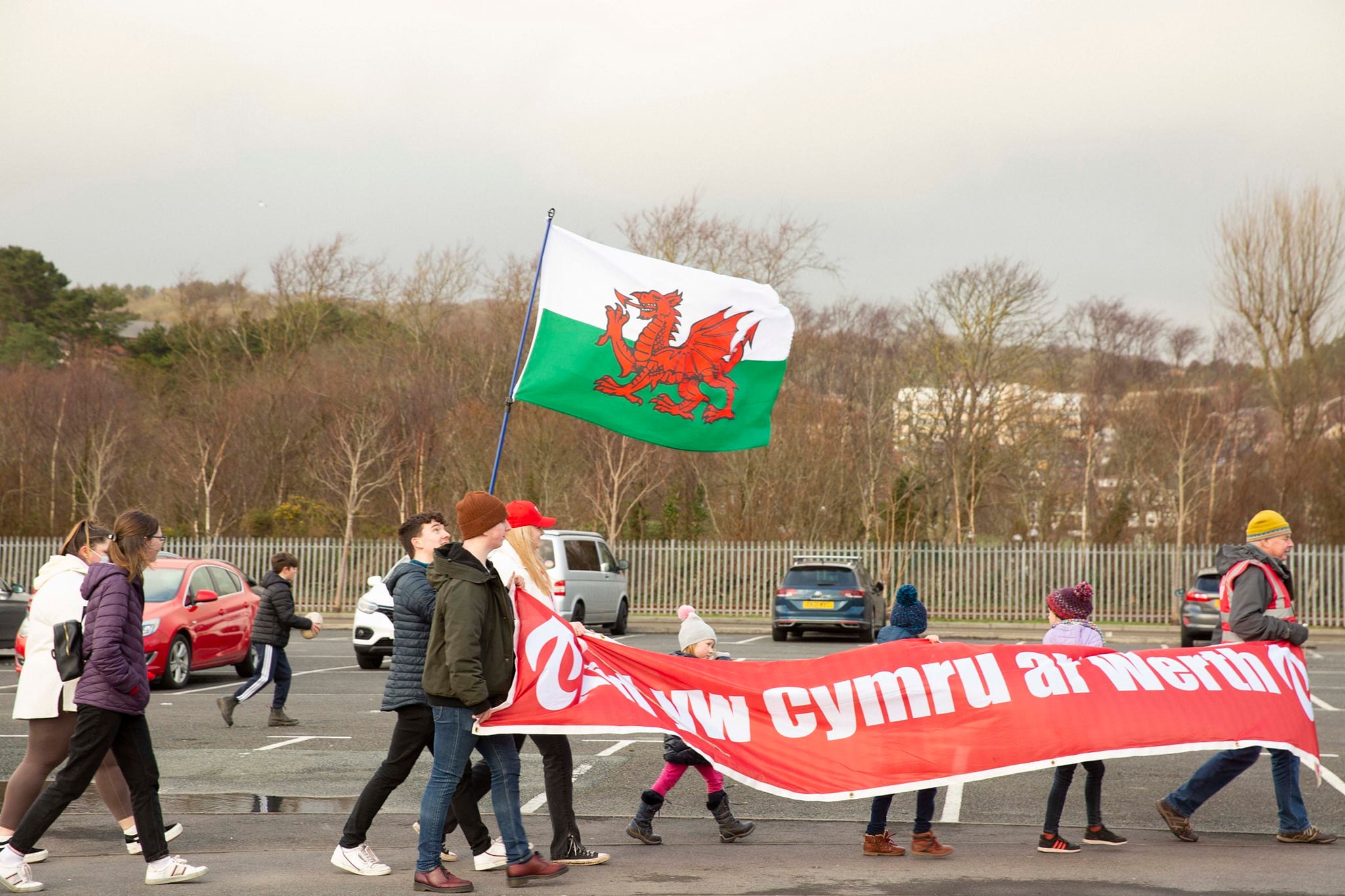 Protesters making their way towards the Welsh Government building in Aberystwyth