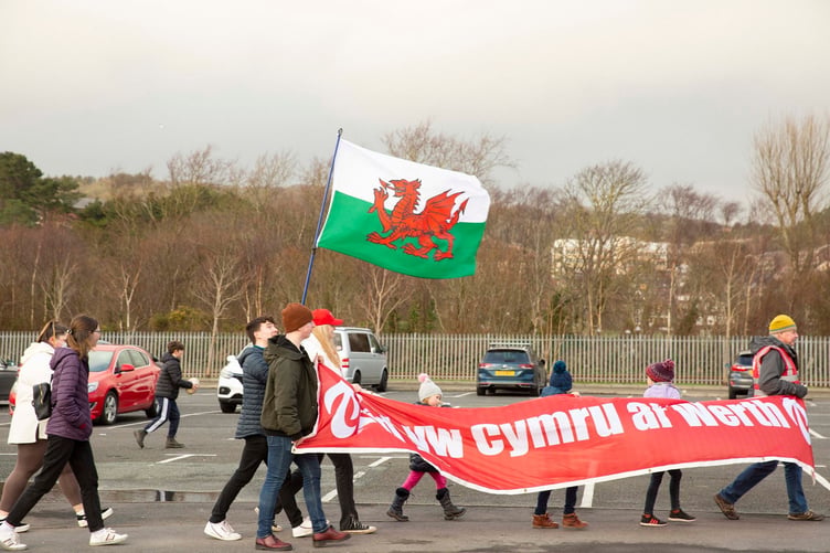 Protesters making their way towards the Welsh Government building in Aberystwyth