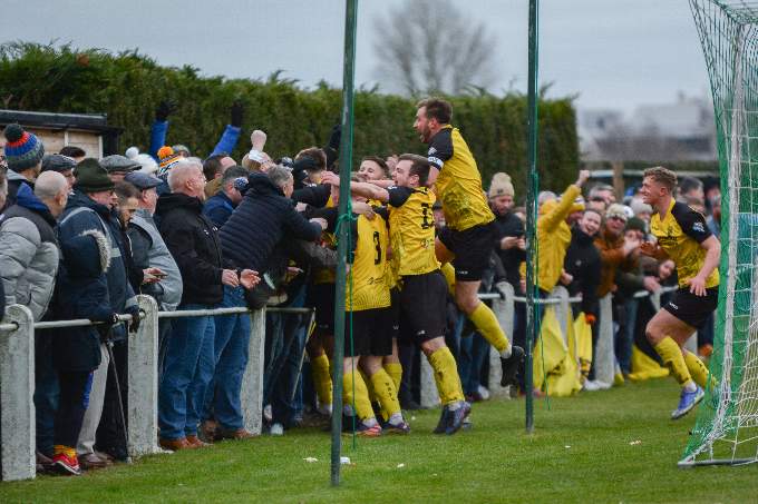 Players run straight for the travelling Buckland fans after Owen Stockton's opener. Picture by Frankie O'Keeffe.