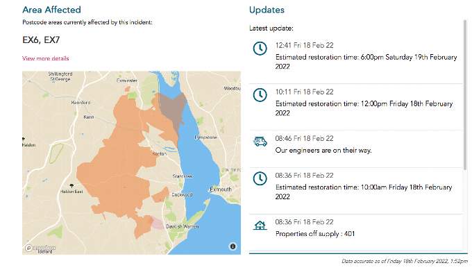 The area affected by power cuts in the Dawlish area. Image Western Power Distribution.
