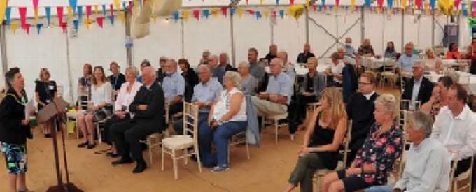Dawlish Mayor Val Mawhood welcomes invited guests to The Great Big Thank You event in the marquee on The Lawn.
