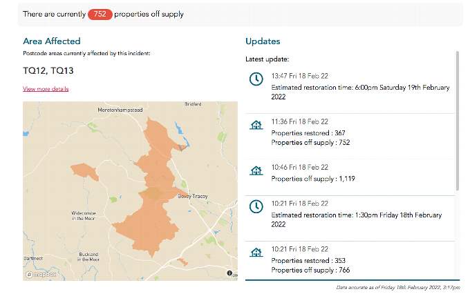 The area affected by power cuts beyond Bovey Tracey. Image Western Power Distribution.