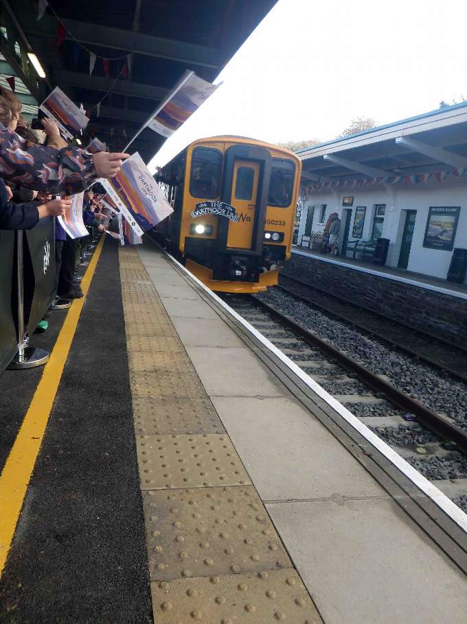 The first passenger train pulling in at Okehampton. SR 0772