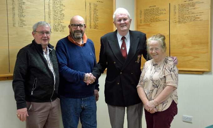 Mike Thwaites, third left, receiving his Life Membership from, left, Rob Arscott and John Kinsey and right, Anita Lamey.
