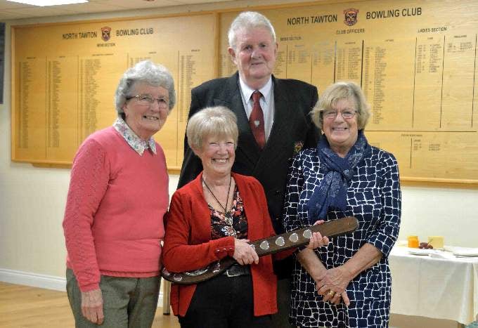 The Ladies Triples winners with the president, Mike Thwaites.