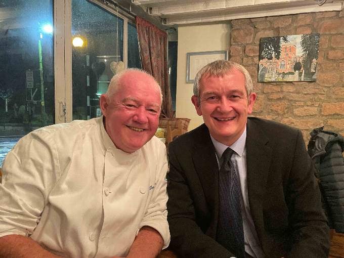 Jim Cairney of Cairney’s restaurant with Alan Quick from the ‘Crediton Courier’ at the ‘thank you’ dinner.
