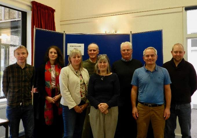 Front from left, Catherine Broomfield (University of Exeter), Cllr Liz Brookes-Hocking (Mayor and Chair of Crediton Town Council) and Dave Harris (Extinction Rebellion) and back row, from left, Stewart Barr, Cllr Elizabeth Lloyd, Chris Clark and Ewan Woodley at one of the Crediton COP26 events. NP 061121 01