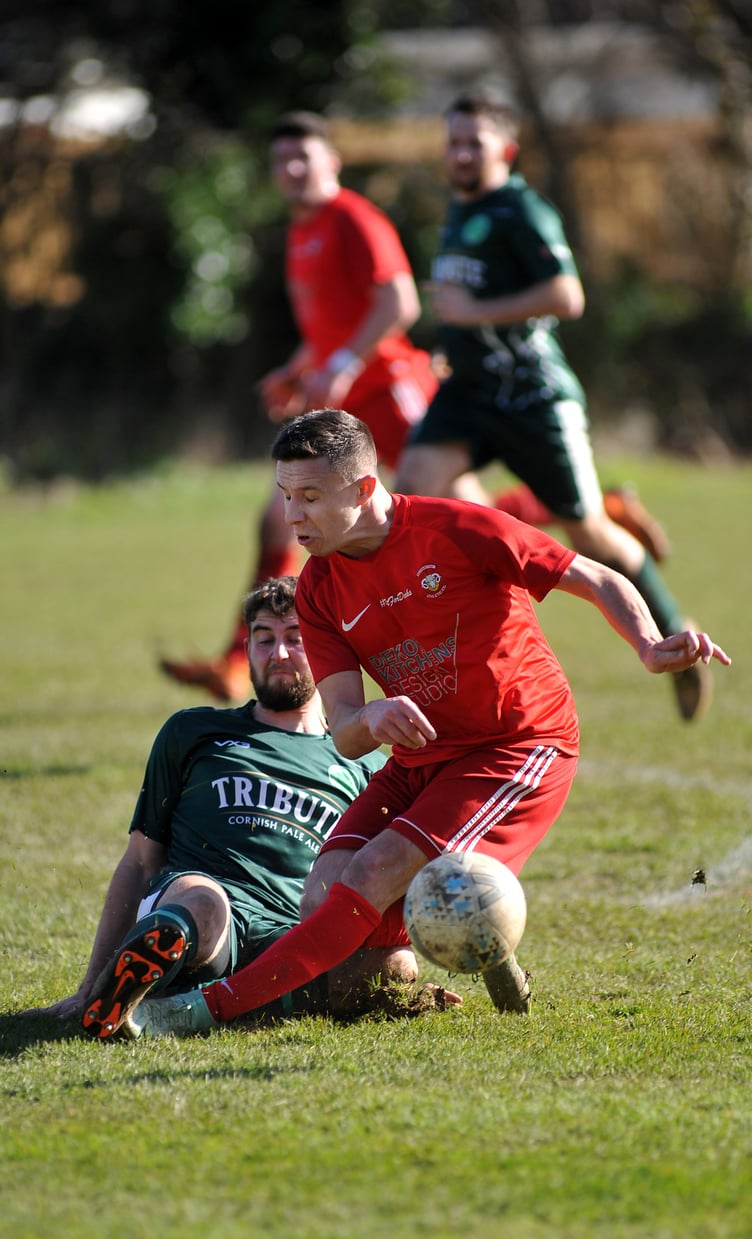 Action from Kingsteignton Athletic’s 5-2 Herald Cup upset against Buckfastleigh Rangers on Saturday. Photos by Steve Pope.