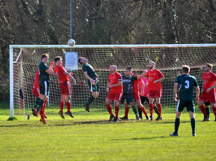 Action from Kingsteignton Athletic’s 5-2 Herald Cup upset against Buckfastleigh Rangers on Saturday. Photos by Steve Pope.