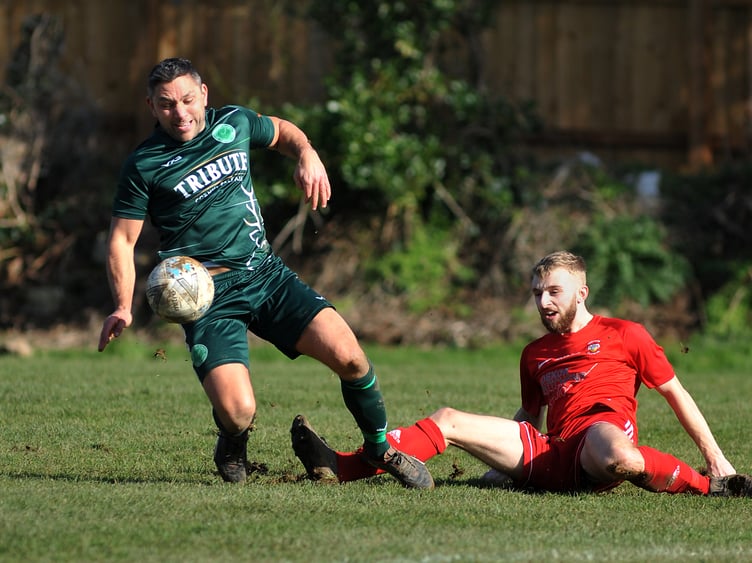 Action from Kingsteignton Athletic’s 5-2 Herald Cup upset against Buckfastleigh Rangers on Saturday. Photos by Steve Pope.