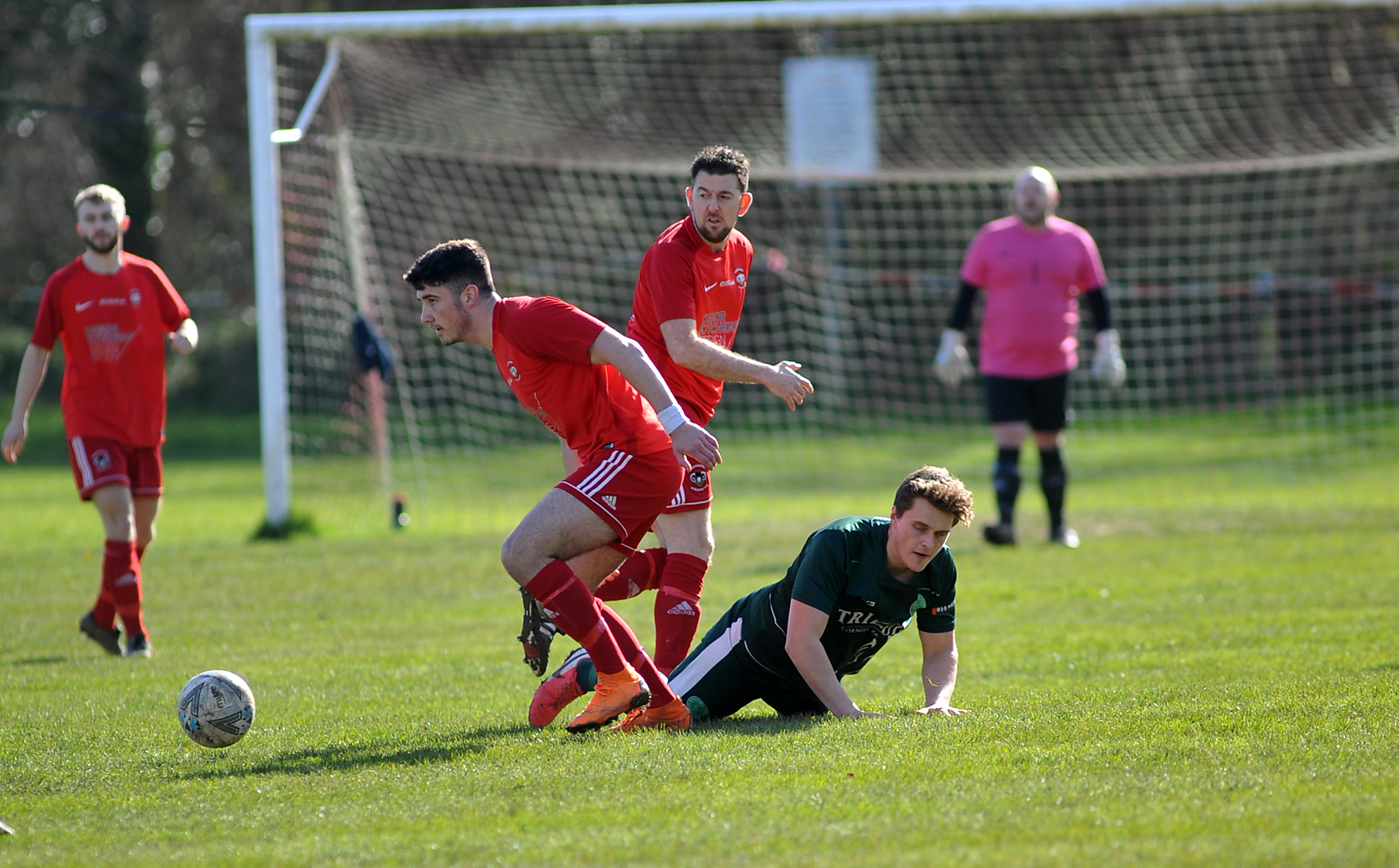 Action from Kingsteignton Athletic’s 5-2 Herald Cup upset against Buckfastleigh Rangers on Saturday. Photos by Steve Pope.