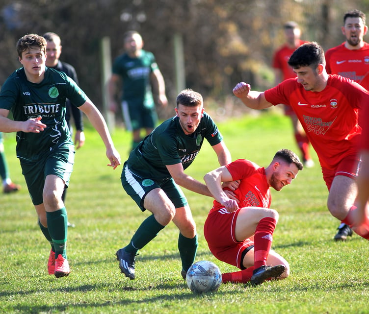 Action from Kingsteignton Athletic’s 5-2 Herald Cup upset against Buckfastleigh Rangers on Saturday. Photos by Steve Pope.