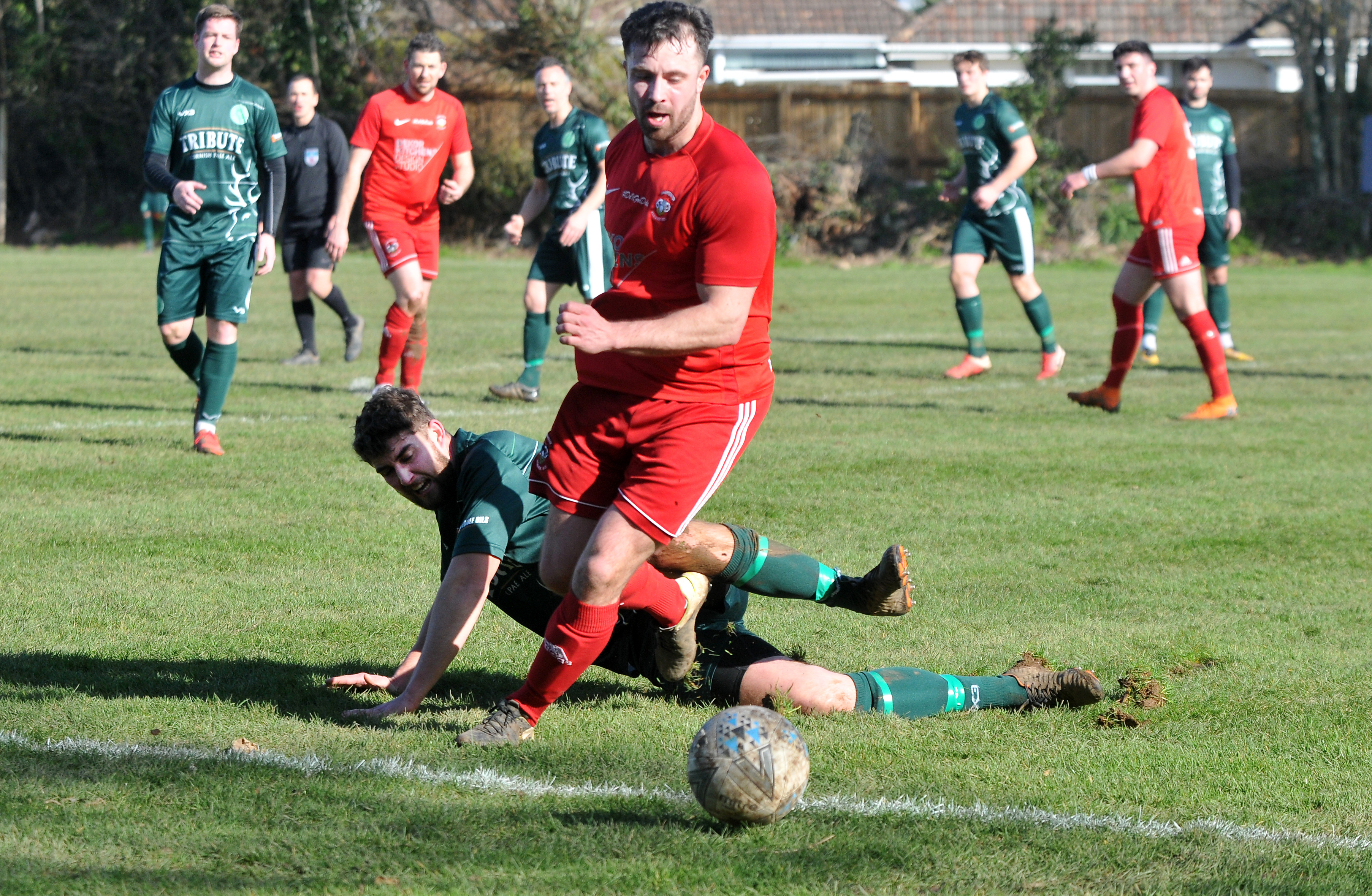Action from Kingsteignton Athletic’s 5-2 Herald Cup upset against Buckfastleigh Rangers on Saturday. Photos by Steve Pope.