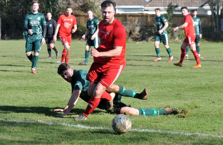 Action from Kingsteignton Athletic’s 5-2 Herald Cup upset against Buckfastleigh Rangers on Saturday. Photos by Steve Pope.