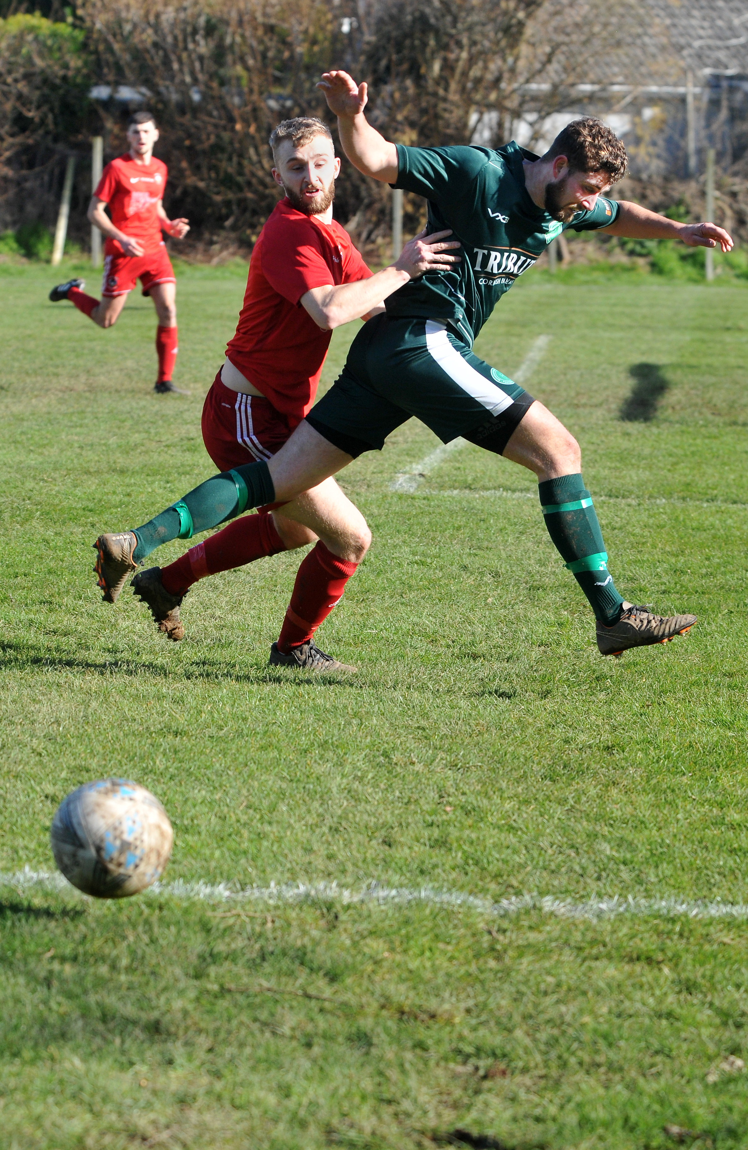 Action from Kingsteignton Athletic’s 5-2 Herald Cup upset against Buckfastleigh Rangers on Saturday. Photos by Steve Pope.
