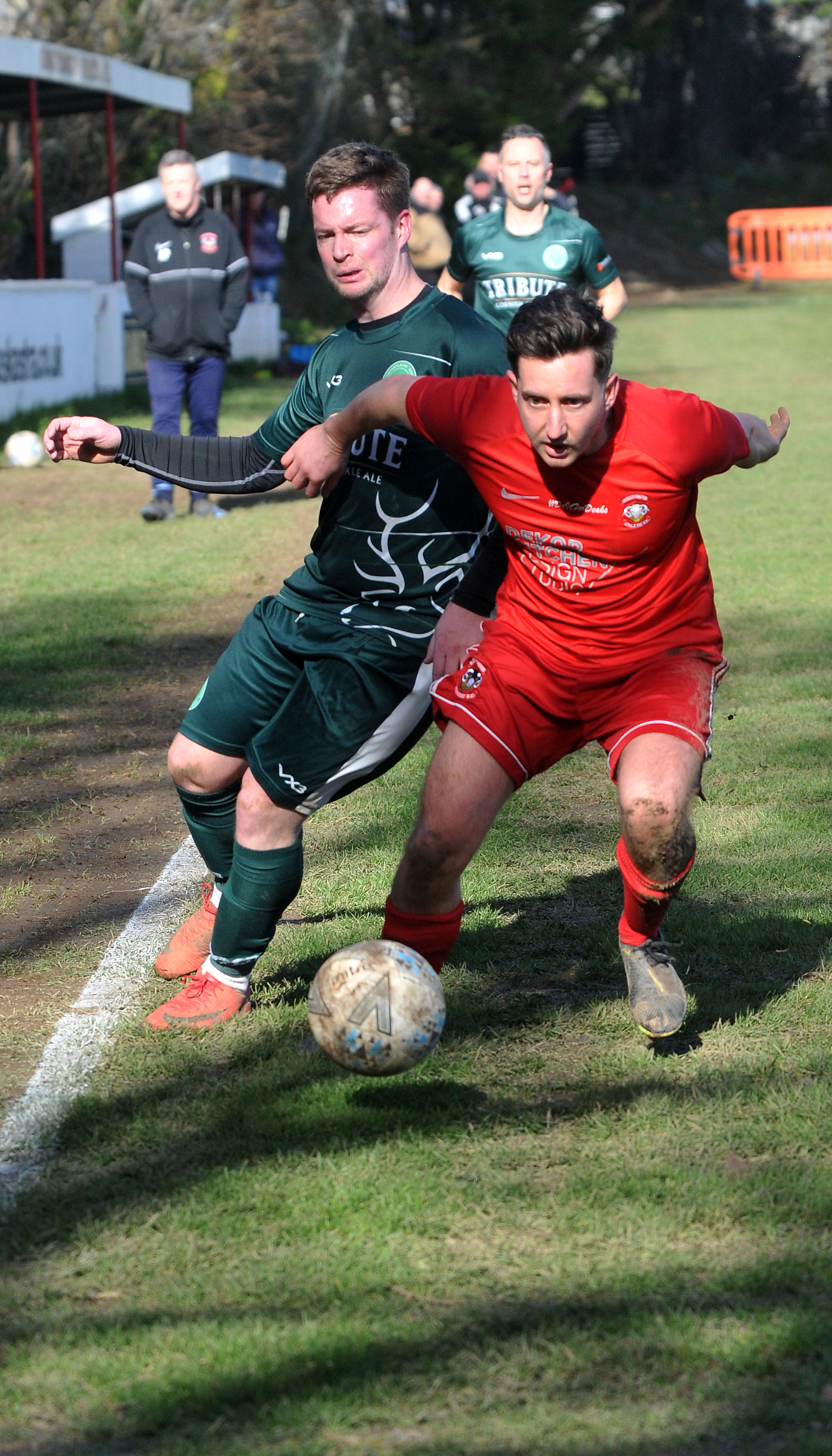 Action from Kingsteignton Athletic’s 5-2 Herald Cup upset against Buckfastleigh Rangers on Saturday. Photos by Steve Pope.