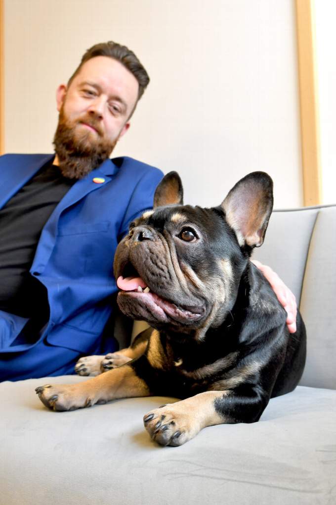 Chris Kissack of Affinity with Gary the office bulldog -