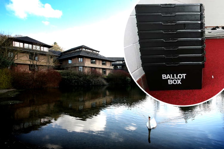 Powys County Hall with an inset of ballot boxes - Brecon & Radnor Express