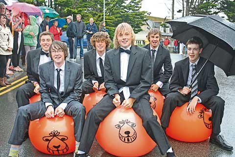 HOPPING AROUND: Making their entrance on space hoppers to Bude Prom at the Falcon Hotel, Bude, from left, are: Ben Fairclough, Matt Whitfield, Jack Miles, Derek Piper, Ryan Talbot and Lee Houghton.