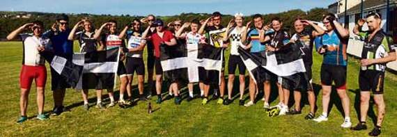 Arriving at Bude Football Club — Josh Allen, Matt Skinner, Ryan Willshire, Mark Willis, Mo Senouci, Tom Miller, Dan Mids, Liam Cole, Chris Crawford, Andy Haines, Glen Bickle, Tom Miller, Sam Taylor, Jo Hulbert, Adrian Parsons, Elliot Allen and Spencer Allen.