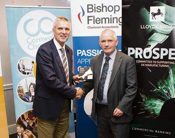 Clive Woodward — CEO, Bott (left), accepting the Business Leadership award from Ian Fraser at Bishop Fleming. Picture: Matt Stansfield