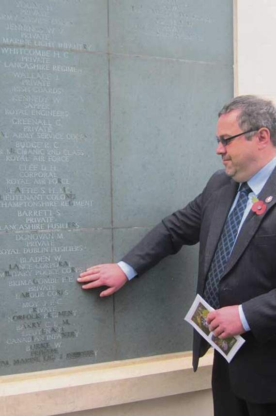 Mr Dymond is pictured above at Brookwood Military Cemetery next to the war memorial depicting Francis Edward Brimacombe’s name.