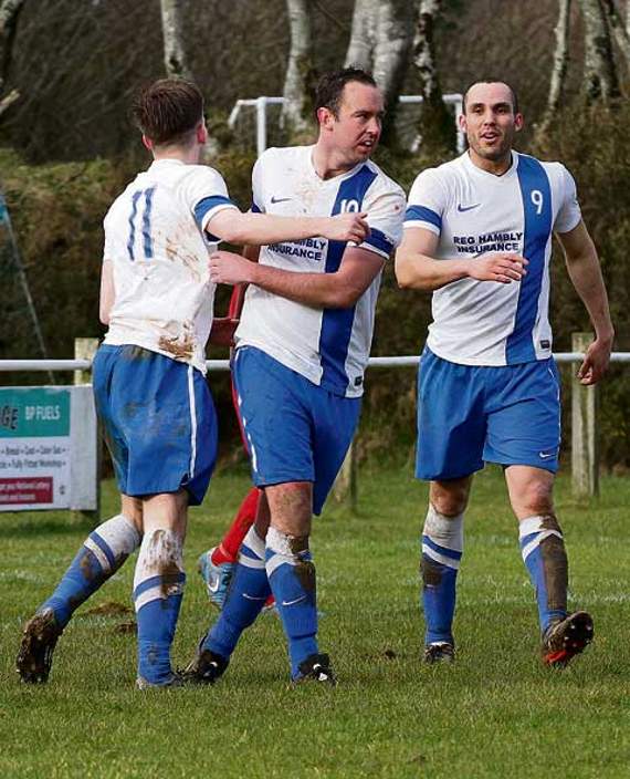 Balsdon (centre) celebrates his winning strike on Saturday with teammates Mike Steele and Jason Cordice. Picture: David Flower