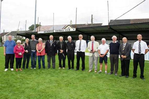 Holsworthy?Football Club legends line-up with Devon FA Chairman, Brian Leach (sixth from left), at Upcott Field on Sunday,?September 4. Picture: Dawn Bewes