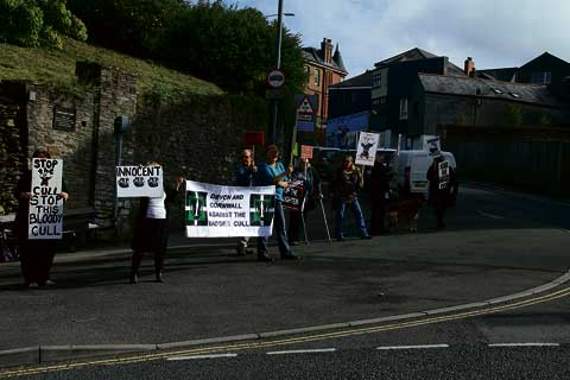 Anti badger cull protestors outside Launceston Castle.