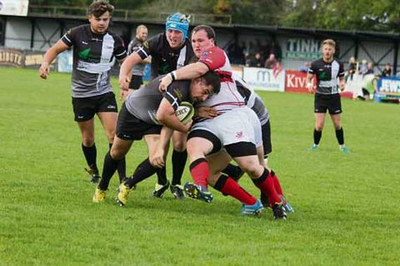 Launceston hooker, Fred Bulut, looks to burrow his way past the Bromsgrove defence as the home forwards dominated in the first-half. Picture: Paul Hamlyn