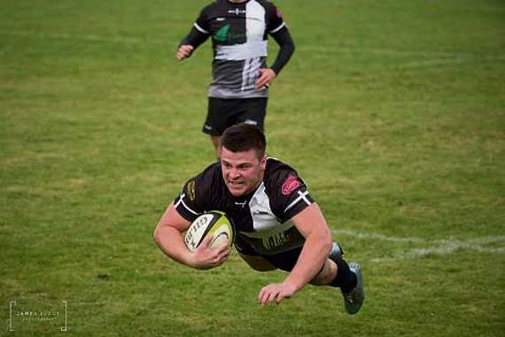 Cornish All Blacks winger, Harry Dawe, dives over the try line in the 78th minute to give the home side a thrilling 22-18 victory over Bromsgrove in National League Three South West.  Picture: James Judge Photography