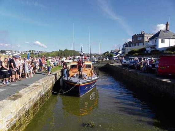A Mersey class lifeboat docked in the canal.