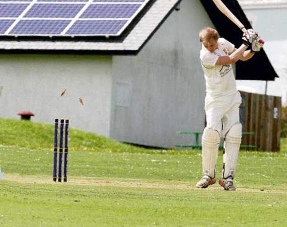 Delabole opener Jordan Blanchard is clean bowled by George Orr-Wilcox for just 8 during last?Saturday’s eight wicket defeat to Holsworthy. Picture: David Flower
