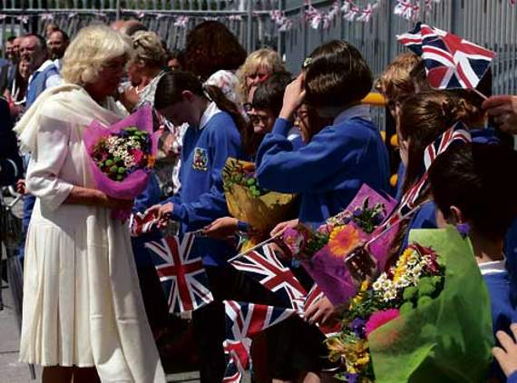 The Duchess of Cornwall talks with Lifton schoolchildren.