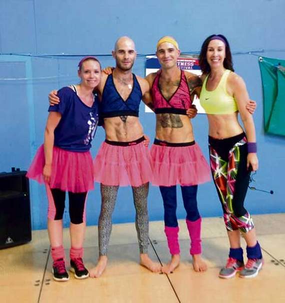 Zumba instructors Marie Jordan-Shilling (left) and Lisa Wood with Dan (blue top) and Liam Smith.