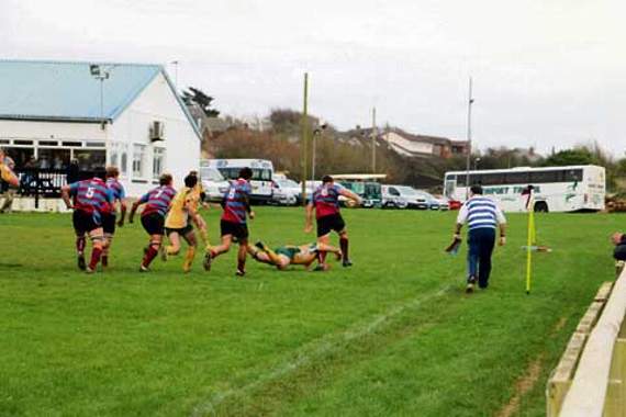 Bude skipper Joe Wilson (number eight) rampages his way towards the try line during the North Cornwall club’s 21-17 victory over Plymstock Albion?Oaks at?Bencoolen?Meadow last Saturday.
