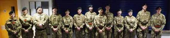 Lt Jim Harvey with his cadet NCOs and the two ex cadets who are now training as adults.
