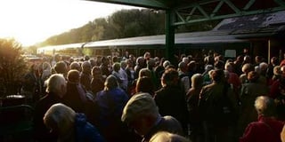Packed platform of passengers at Okehampton