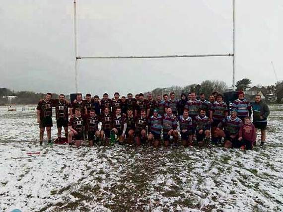 Members of Bradworthy, Stratton and Clawton Young?Farmers took on Bude Rugby Club’s second team (right side of picture) in a charity rugby match at Bencoolen Meadow on Sunday, March 16, with the sides ending up playing out a 7-7 draw. Pictured are the players from both sides after the game.