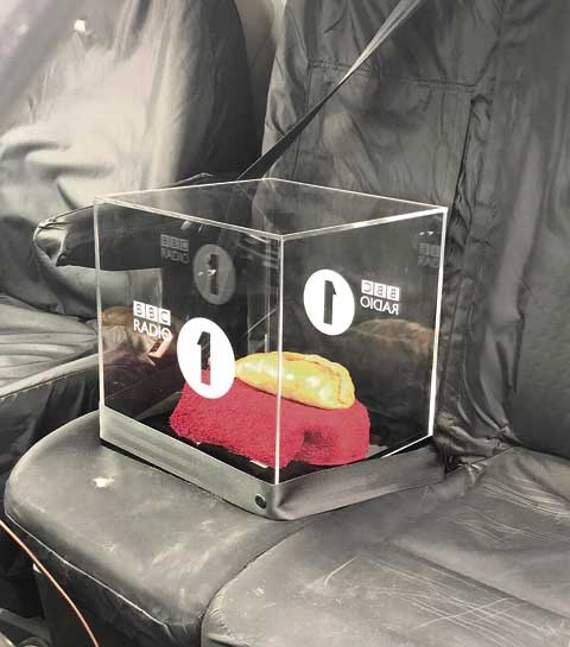 The precious Cornish pasty, kept safe and secure in a special BBC Radio One glass case, is travelling across the UK this week to Aberdeenshire.