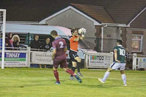 Launceston goalkeeper Josh Colwill was a busy man last Tuesday night during their 5-1 defeat to Plymouth?Argyle Reserves at Pennygillam. Argyle included a host of first-team players in their squad under the watchful eye of first team manager Derek Adams and his assistant Paul Wotton. Picture: Paul Hamlyn