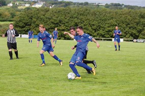 Steve Hackett (pictured on the ball) scored twice as Bude Town’s reserves made their league comeback on Saturday in Division Four of the JJ Jones and Sons Duchy League with a 10-1 victory over North Petherwin Reserves at?Broadclose Park. Ben Bryant scored six times for the hosts. Picture:?Paul Hamlyn